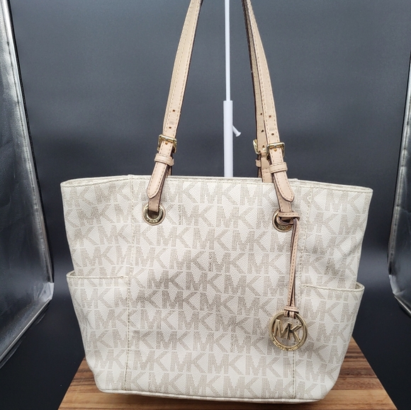 Michael Kors Handbags - Michael Kors Cream Tote Bag with Signature Logo Print & Adj Straps, 15×11×5.5